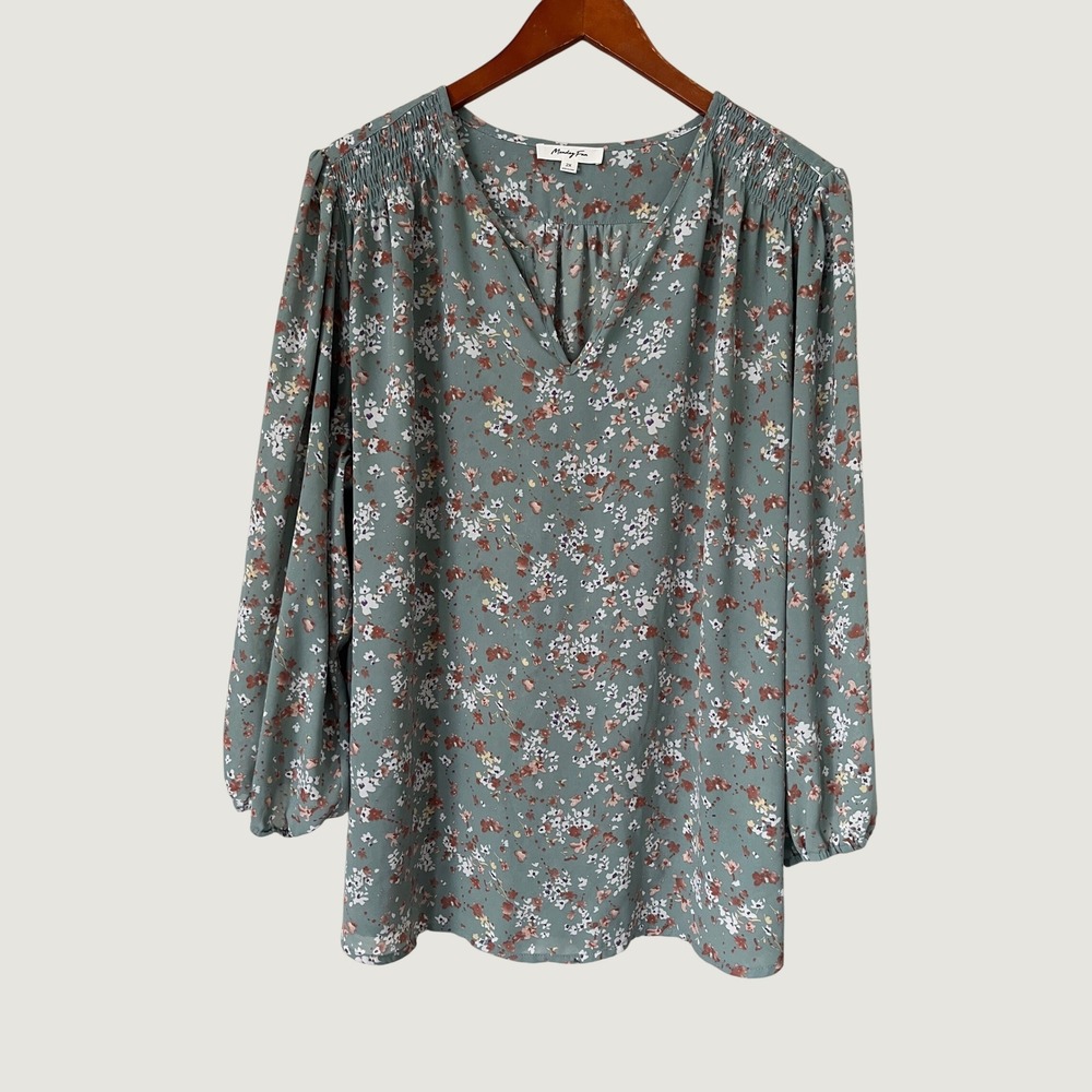 Monday Fun Floral Split Neck Blouse Sage Green Plus Size 2X boho chic